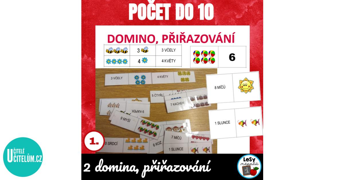 Počet do 10 - obrázkové domino s textem - Český jazyk - čtení